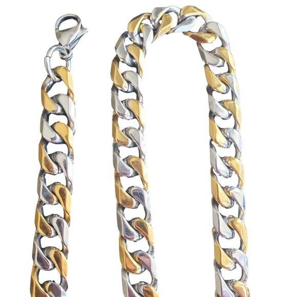 Men's Gold Plated Stainless Steel Two Toned 9mm Cuban Curb Chain & Bracelet Set - Picture 3 of 6